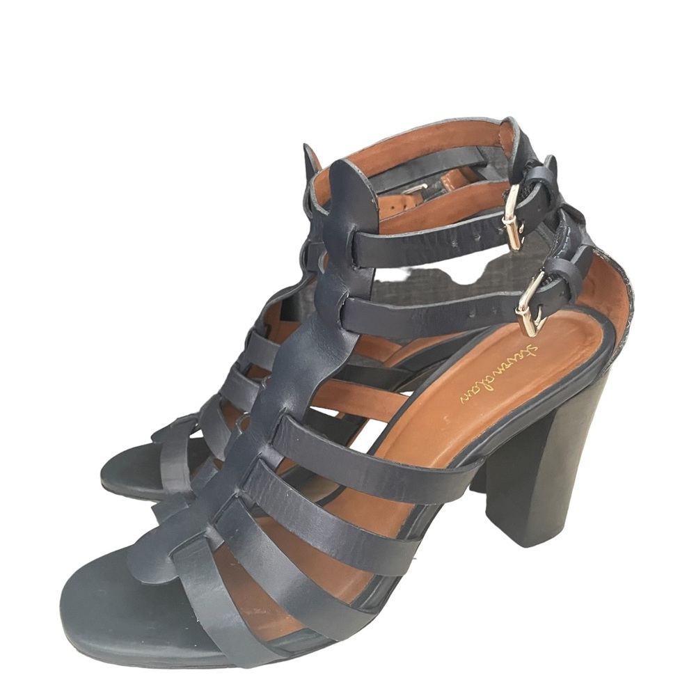 STEVEN ALAN Size 7 Navy Blue Leather 3.5” Strappy Heeled Sandals